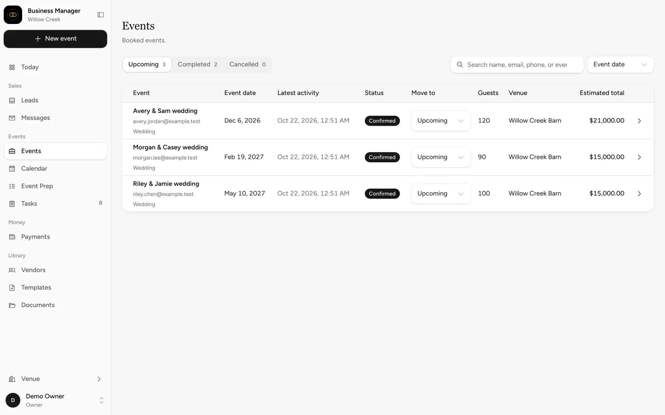 The Events list with three upcoming sample weddings, their dates, guest counts and totals.