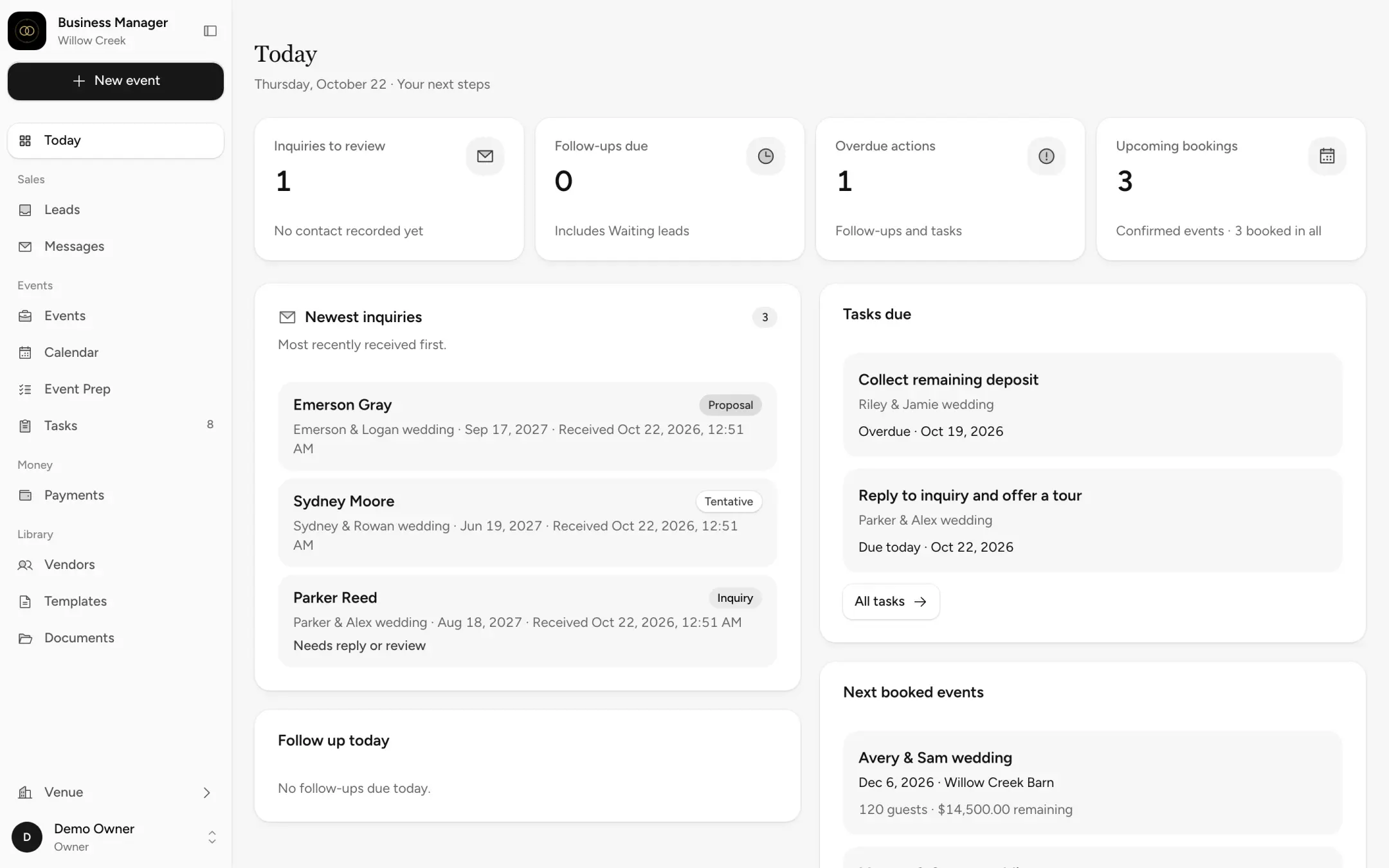 The Today screen for Willow Creek Barn: inquiries to review, tasks due and the next booked weddings.